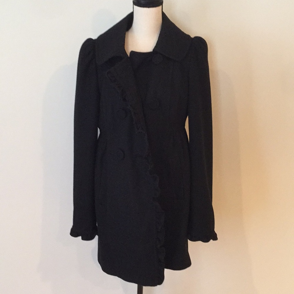 Black Button Ruffled Front Coat With Side Pockets - image 1